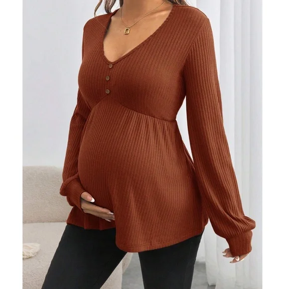 Maternity Solid V neck Button Detail Long Sleeve Top